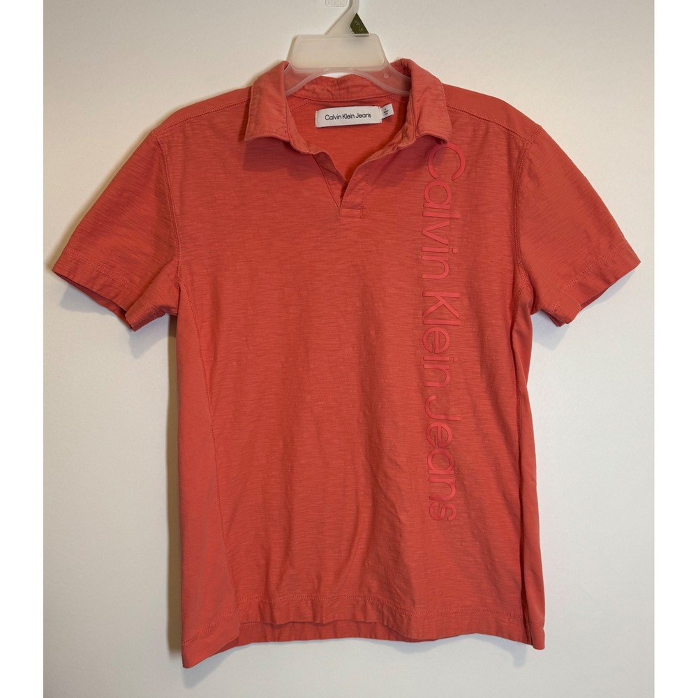 Calvin Klein Jeans Womens Coral Orange Slub Cotton Logo Polo Shirt Size M